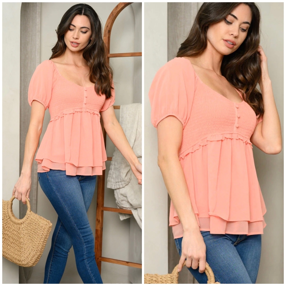 BaeVely Vintage Chic Salmon Short Sleeves Babydoll Top - Picture 4 of 6